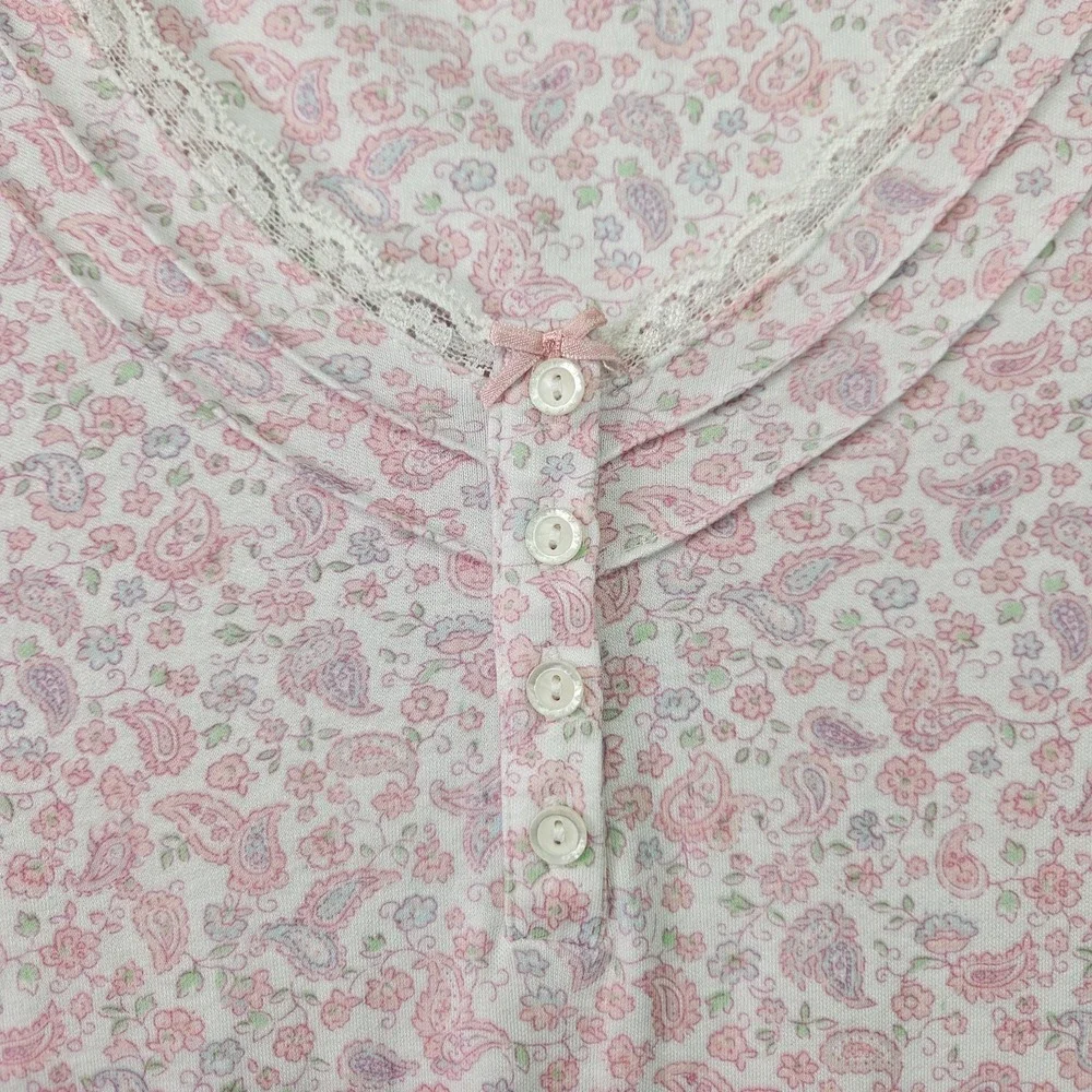 Miss Elaine Nightgown XL Pink Floral Paisley Long Cap Sleeve Lace Trim Maxi - Picture 3 of 16